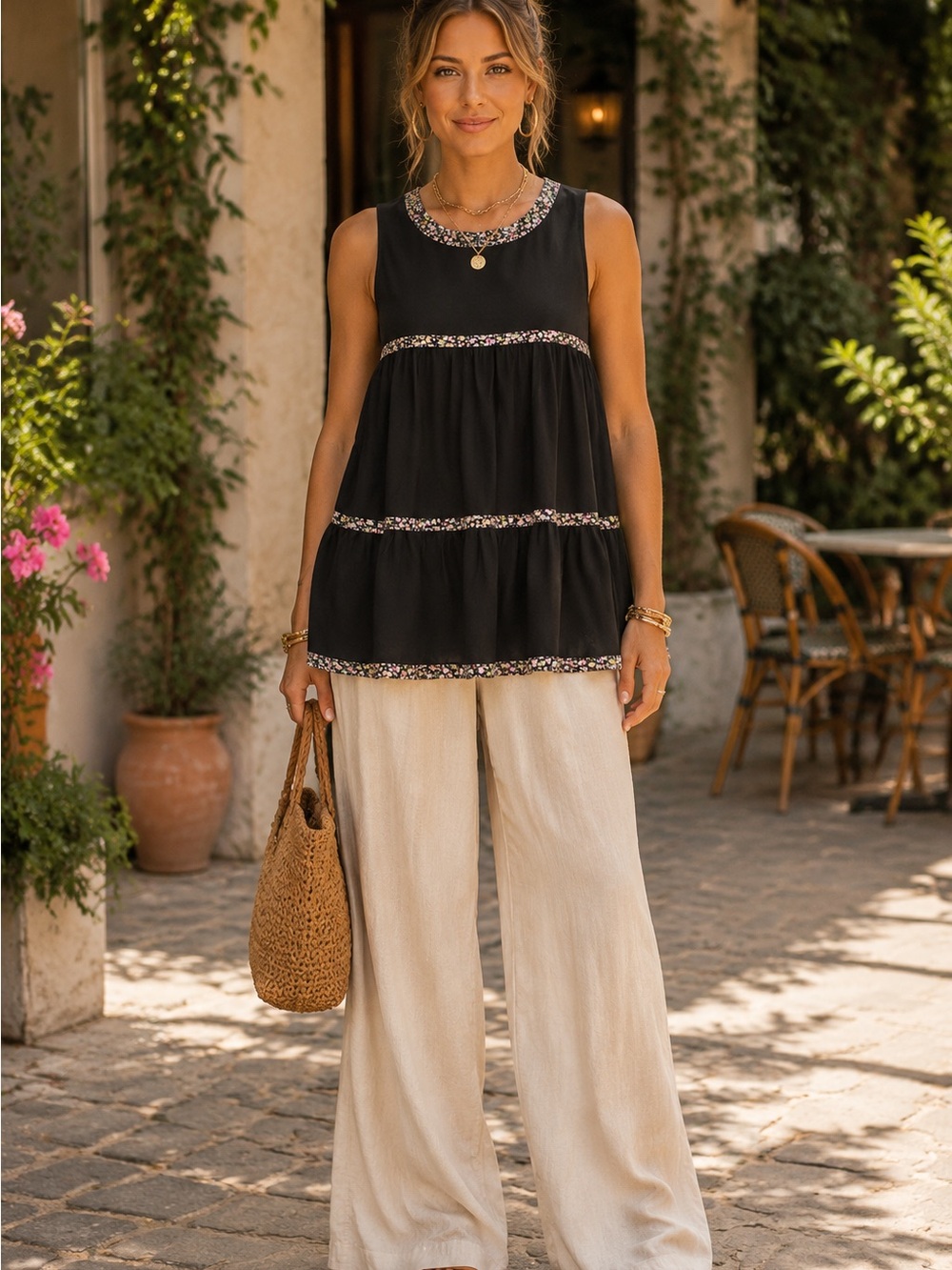 Entro NWT Black Sleeveless Tiered Peplum Tunic Top with Floral Trim